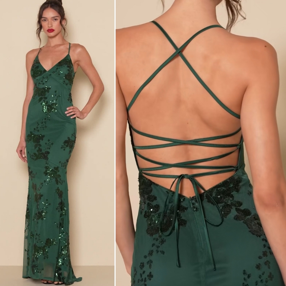 🆕️ Lulus Valhalla Forest Green Sequin Lace-Up Maxi Dress
